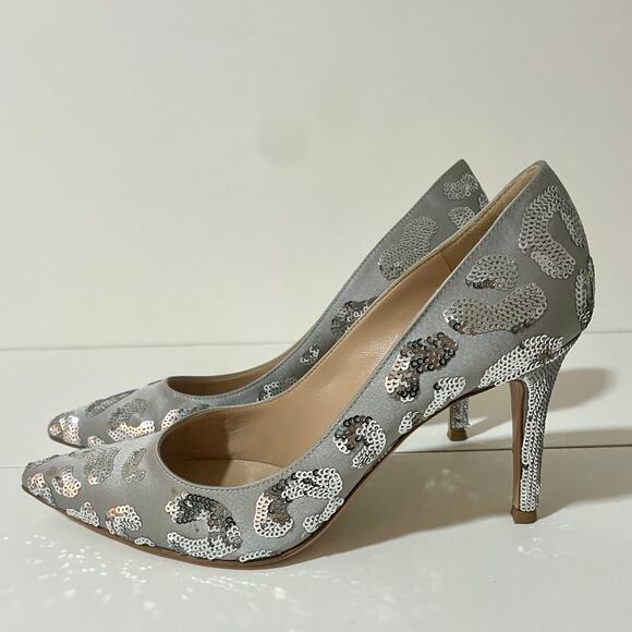 Gianvito Rossi Shoes - Gianvito Rossi Daze Satin Heels Pumps Shoes Silver Sequin Leopard 37.5